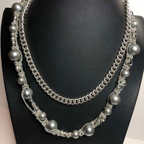 1440 Simply Vera Wang silver tone CZ chain faux pearl layered necklace 19" - Picture 1 of 3